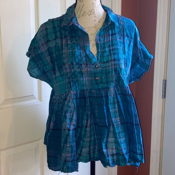 Lucky Brand Short Sleeve Babydoll Tunic Top Blue Tie Dye Lightweight sz Medium - Picture 2 of 10
